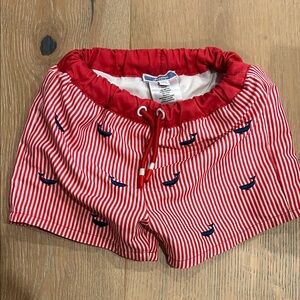 Jacadi Red and White Striped Swim Shorts with Navy Whale Embroidery